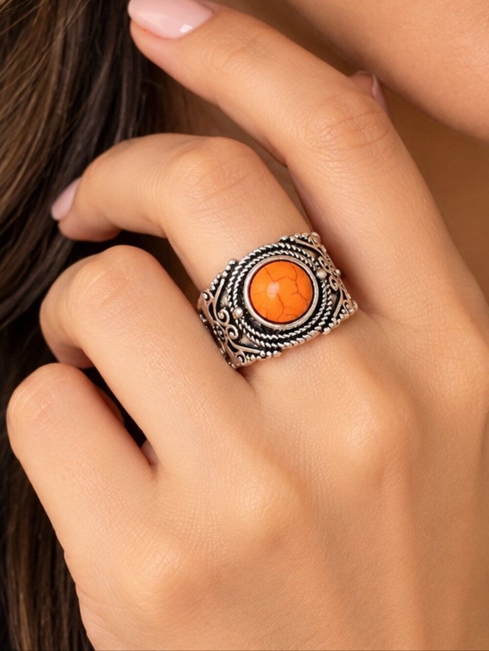 Paparazzi Orange Stone Silver Tone Boho Statement Stretch Ring